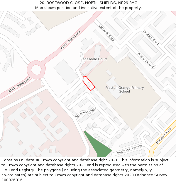 20, ROSEWOOD CLOSE, NORTH SHIELDS, NE29 8AG: Location map and indicative extent of plot