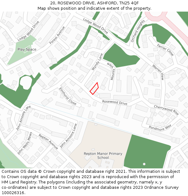 20, ROSEWOOD DRIVE, ASHFORD, TN25 4QF: Location map and indicative extent of plot