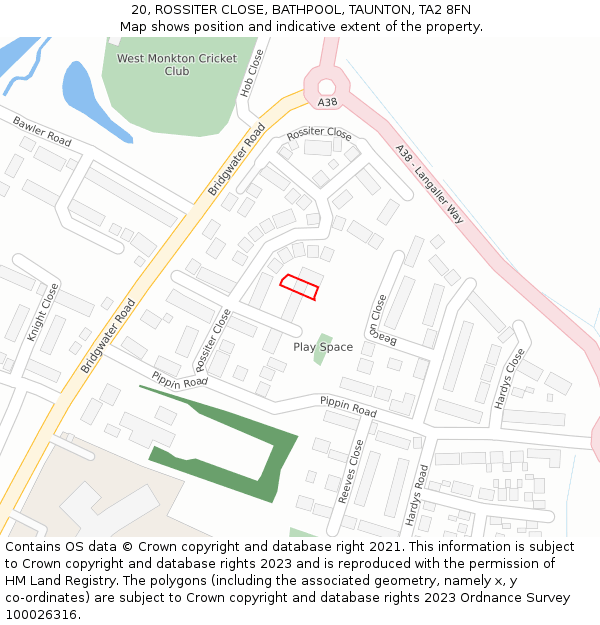 20, ROSSITER CLOSE, BATHPOOL, TAUNTON, TA2 8FN: Location map and indicative extent of plot