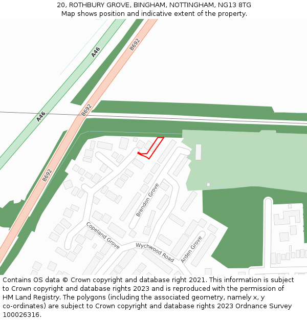 20, ROTHBURY GROVE, BINGHAM, NOTTINGHAM, NG13 8TG: Location map and indicative extent of plot