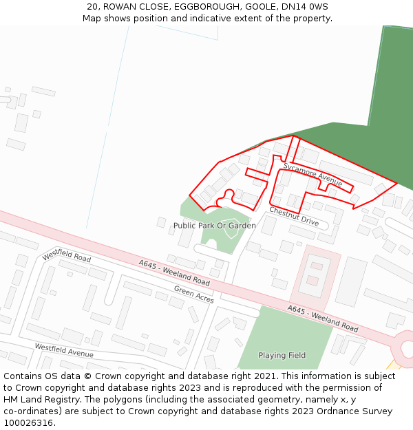 20, ROWAN CLOSE, EGGBOROUGH, GOOLE, DN14 0WS: Location map and indicative extent of plot