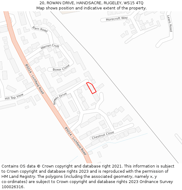 20, ROWAN DRIVE, HANDSACRE, RUGELEY, WS15 4TQ: Location map and indicative extent of plot