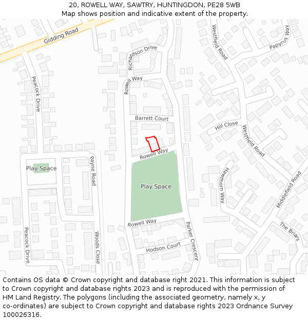 20, ROWELL WAY, SAWTRY, HUNTINGDON, PE28 5WB: Location map and indicative extent of plot