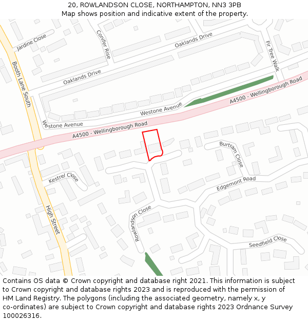 20, ROWLANDSON CLOSE, NORTHAMPTON, NN3 3PB: Location map and indicative extent of plot
