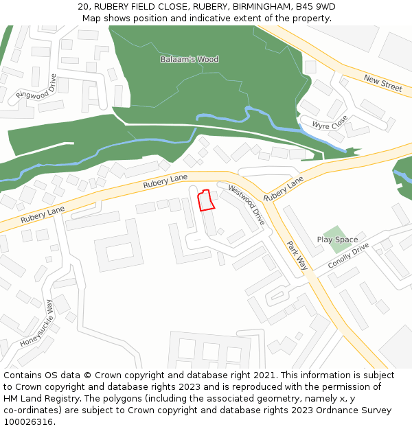 20, RUBERY FIELD CLOSE, RUBERY, BIRMINGHAM, B45 9WD: Location map and indicative extent of plot