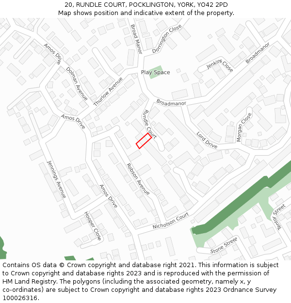 20, RUNDLE COURT, POCKLINGTON, YORK, YO42 2PD: Location map and indicative extent of plot