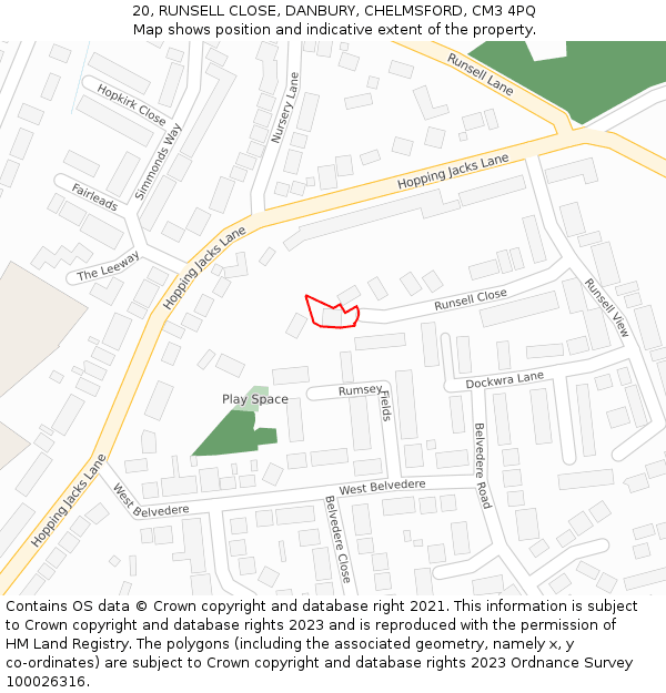 20, RUNSELL CLOSE, DANBURY, CHELMSFORD, CM3 4PQ: Location map and indicative extent of plot