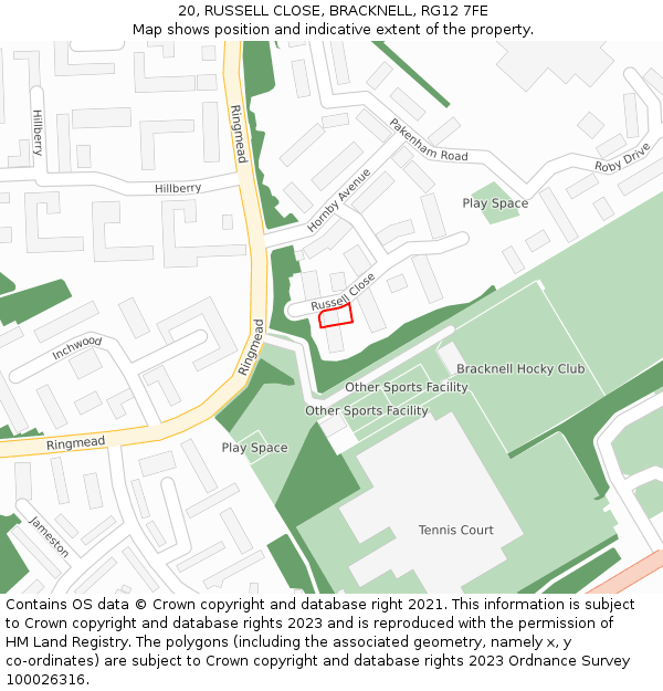 20, RUSSELL CLOSE, BRACKNELL, RG12 7FE: Location map and indicative extent of plot