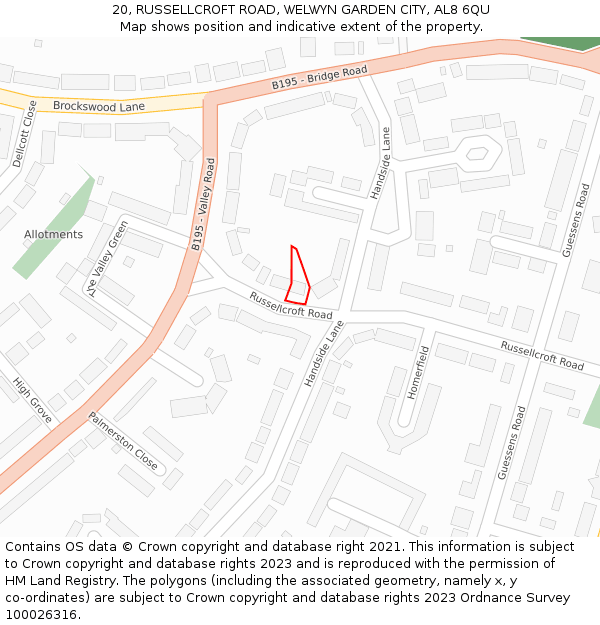 20, RUSSELLCROFT ROAD, WELWYN GARDEN CITY, AL8 6QU: Location map and indicative extent of plot