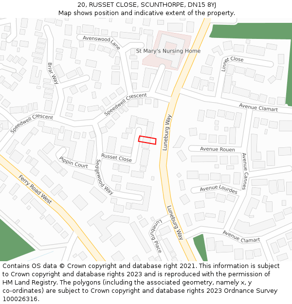 20, RUSSET CLOSE, SCUNTHORPE, DN15 8YJ: Location map and indicative extent of plot