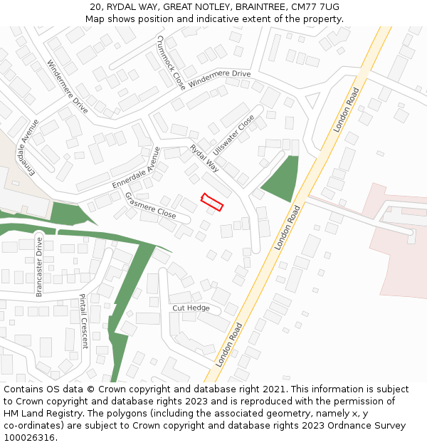 20, RYDAL WAY, GREAT NOTLEY, BRAINTREE, CM77 7UG: Location map and indicative extent of plot