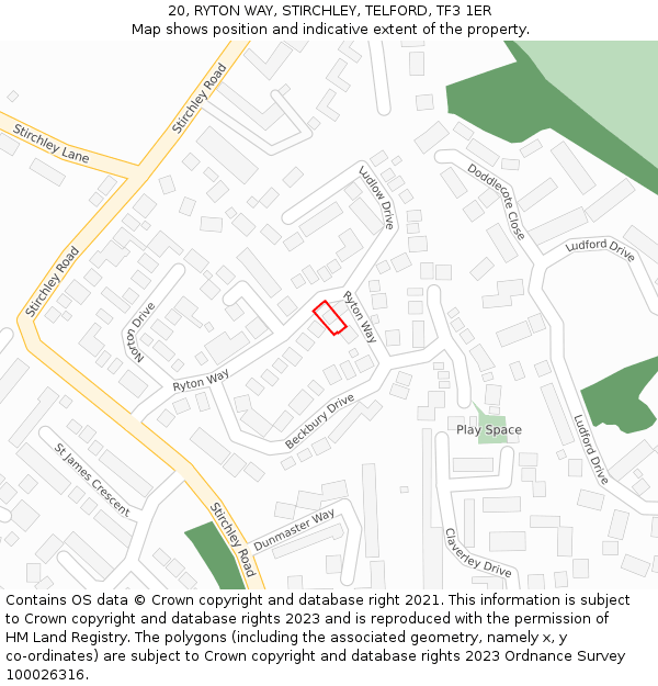 20, RYTON WAY, STIRCHLEY, TELFORD, TF3 1ER: Location map and indicative extent of plot
