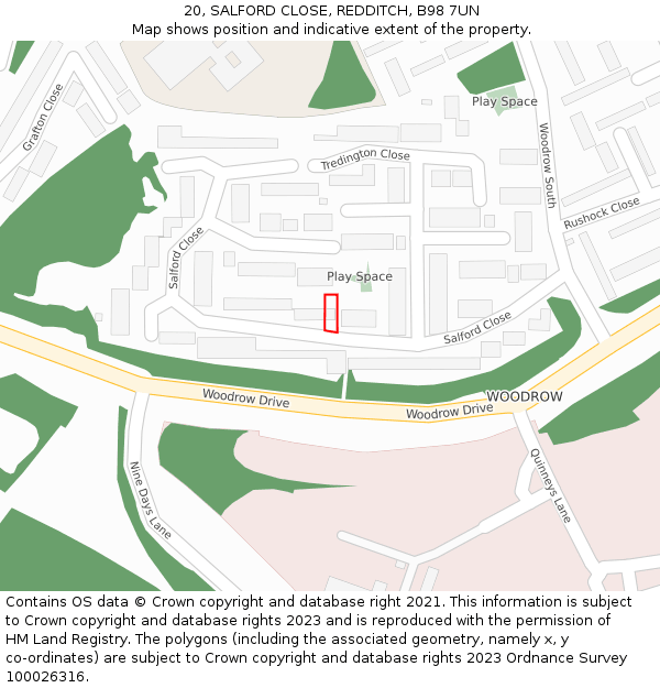 20, SALFORD CLOSE, REDDITCH, B98 7UN: Location map and indicative extent of plot