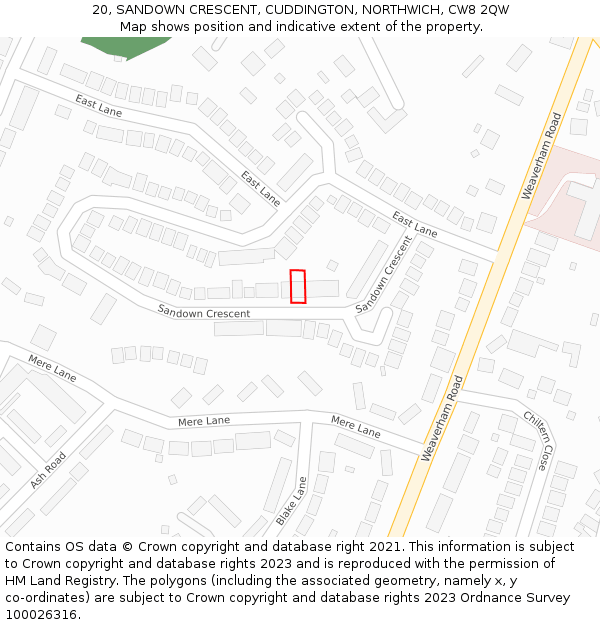 20, SANDOWN CRESCENT, CUDDINGTON, NORTHWICH, CW8 2QW: Location map and indicative extent of plot