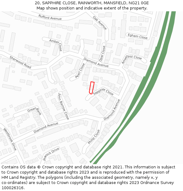 20, SAPPHIRE CLOSE, RAINWORTH, MANSFIELD, NG21 0GE: Location map and indicative extent of plot