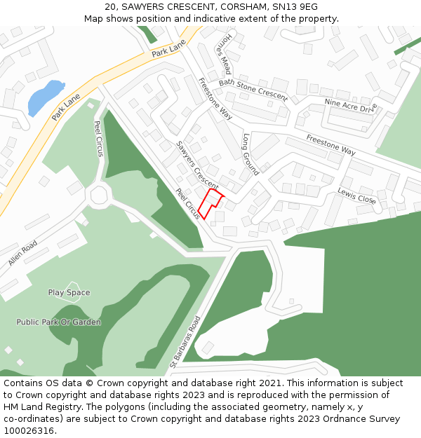 20, SAWYERS CRESCENT, CORSHAM, SN13 9EG: Location map and indicative extent of plot