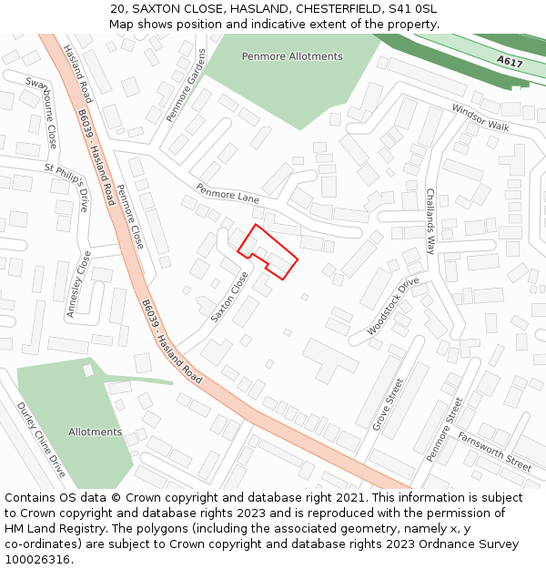 20, SAXTON CLOSE, HASLAND, CHESTERFIELD, S41 0SL: Location map and indicative extent of plot