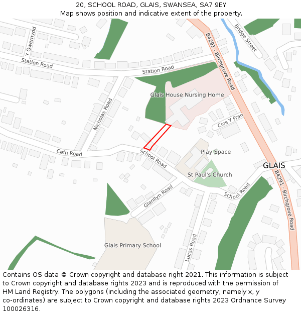 20, SCHOOL ROAD, GLAIS, SWANSEA, SA7 9EY: Location map and indicative extent of plot