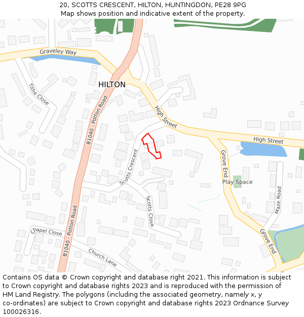 20, SCOTTS CRESCENT, HILTON, HUNTINGDON, PE28 9PG: Location map and indicative extent of plot