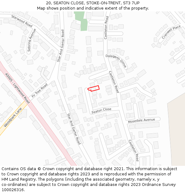 20, SEATON CLOSE, STOKE-ON-TRENT, ST3 7UP: Location map and indicative extent of plot