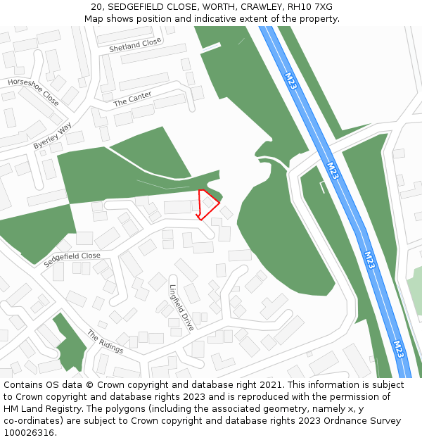 20, SEDGEFIELD CLOSE, WORTH, CRAWLEY, RH10 7XG: Location map and indicative extent of plot