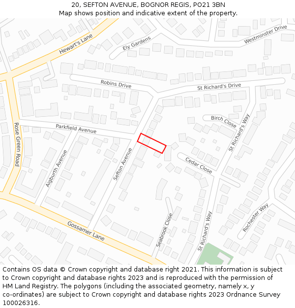 20, SEFTON AVENUE, BOGNOR REGIS, PO21 3BN: Location map and indicative extent of plot