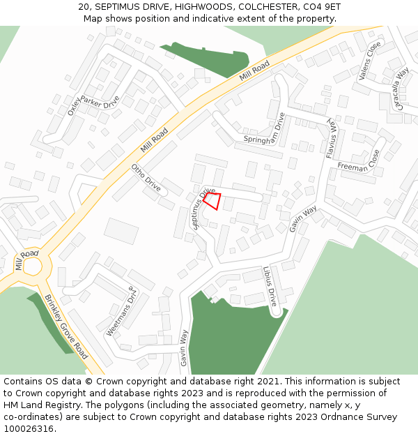 20, SEPTIMUS DRIVE, HIGHWOODS, COLCHESTER, CO4 9ET: Location map and indicative extent of plot