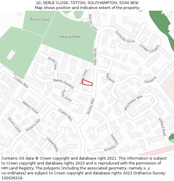 20, SERLE CLOSE, TOTTON, SOUTHAMPTON, SO40 8EW: Location map and indicative extent of plot