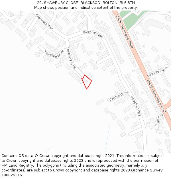 20, SHAWBURY CLOSE, BLACKROD, BOLTON, BL6 5TN: Location map and indicative extent of plot