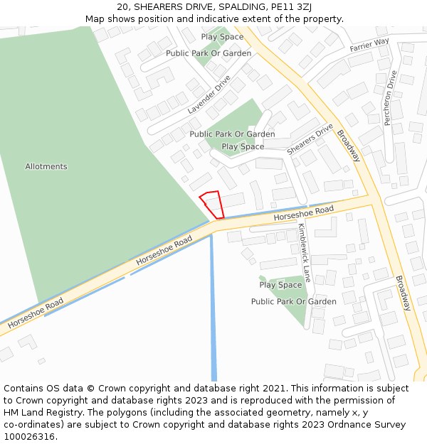 20, SHEARERS DRIVE, SPALDING, PE11 3ZJ: Location map and indicative extent of plot