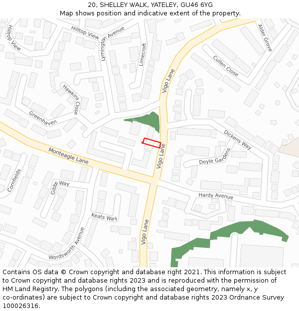 20, SHELLEY WALK, YATELEY, GU46 6YG: Location map and indicative extent of plot