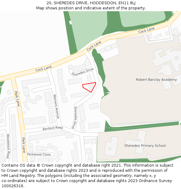 20, SHEREDES DRIVE, HODDESDON, EN11 8LJ: Location map and indicative extent of plot