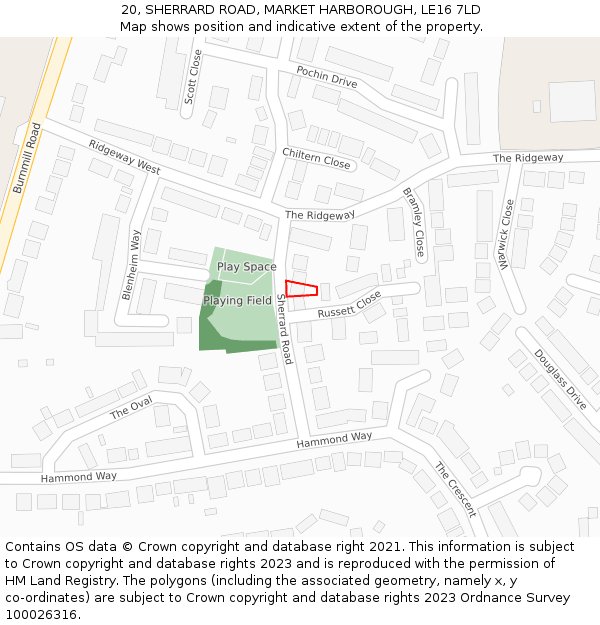 20, SHERRARD ROAD, MARKET HARBOROUGH, LE16 7LD: Location map and indicative extent of plot