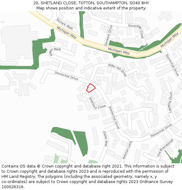 20, SHETLAND CLOSE, TOTTON, SOUTHAMPTON, SO40 8HY: Location map and indicative extent of plot