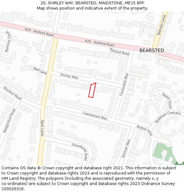 20, SHIRLEY WAY, BEARSTED, MAIDSTONE, ME15 8PP: Location map and indicative extent of plot