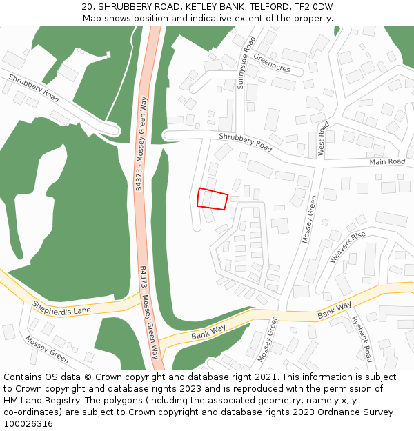20, SHRUBBERY ROAD, KETLEY BANK, TELFORD, TF2 0DW: Location map and indicative extent of plot