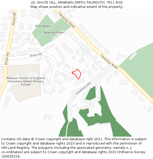 20, SHUTE HILL, MAWNAN SMITH, FALMOUTH, TR11 5HQ: Location map and indicative extent of plot