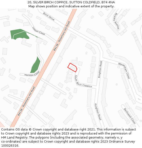 20, SILVER BIRCH COPPICE, SUTTON COLDFIELD, B74 4NA: Location map and indicative extent of plot
