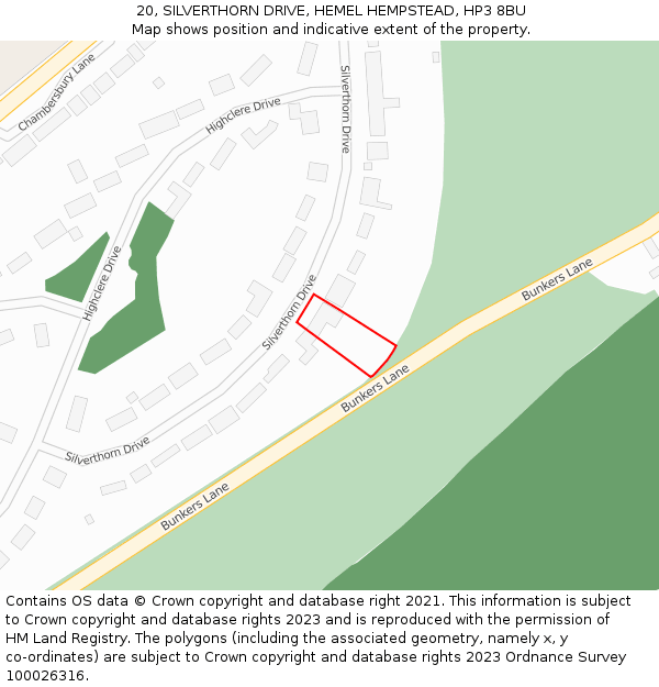 20, SILVERTHORN DRIVE, HEMEL HEMPSTEAD, HP3 8BU: Location map and indicative extent of plot