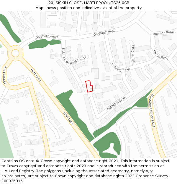 20, SISKIN CLOSE, HARTLEPOOL, TS26 0SR: Location map and indicative extent of plot