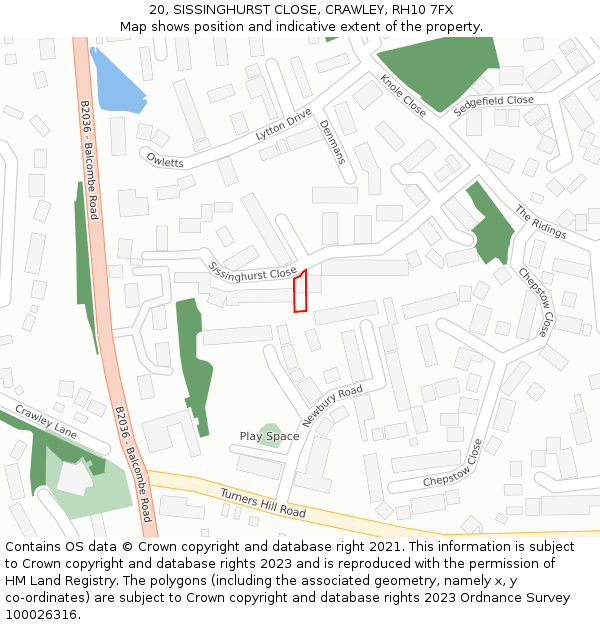 20, SISSINGHURST CLOSE, CRAWLEY, RH10 7FX: Location map and indicative extent of plot