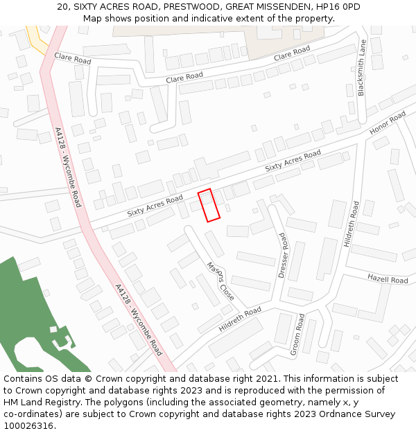 20, SIXTY ACRES ROAD, PRESTWOOD, GREAT MISSENDEN, HP16 0PD: Location map and indicative extent of plot