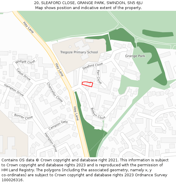 20, SLEAFORD CLOSE, GRANGE PARK, SWINDON, SN5 6JU: Location map and indicative extent of plot