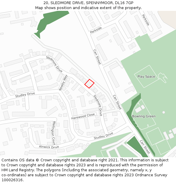 20, SLEDMORE DRIVE, SPENNYMOOR, DL16 7GP: Location map and indicative extent of plot