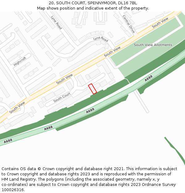 20, SOUTH COURT, SPENNYMOOR, DL16 7BL: Location map and indicative extent of plot