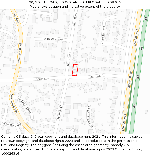 20, SOUTH ROAD, HORNDEAN, WATERLOOVILLE, PO8 0EN: Location map and indicative extent of plot