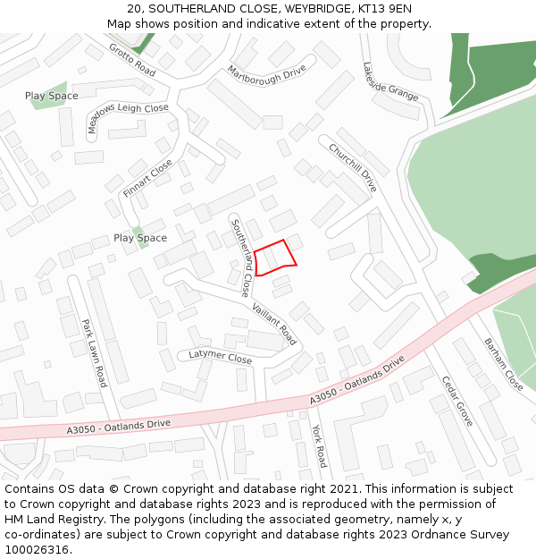 20, SOUTHERLAND CLOSE, WEYBRIDGE, KT13 9EN: Location map and indicative extent of plot