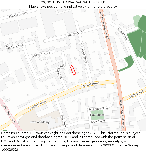 20, SOUTHMEAD WAY, WALSALL, WS2 8JD: Location map and indicative extent of plot