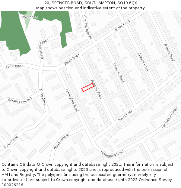 20, SPENCER ROAD, SOUTHAMPTON, SO19 6QX: Location map and indicative extent of plot