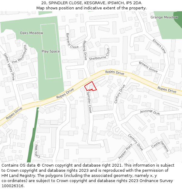 20, SPINDLER CLOSE, KESGRAVE, IPSWICH, IP5 2DA: Location map and indicative extent of plot